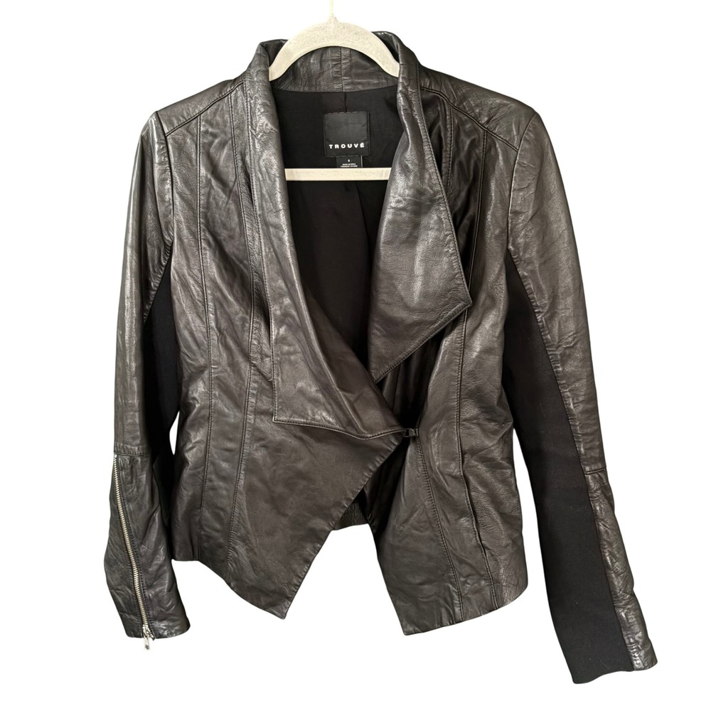 $395 TROUVE Black‎ Soft Leather Biker Moto Jacket Rocker Hi Low Drape Coat SMALL